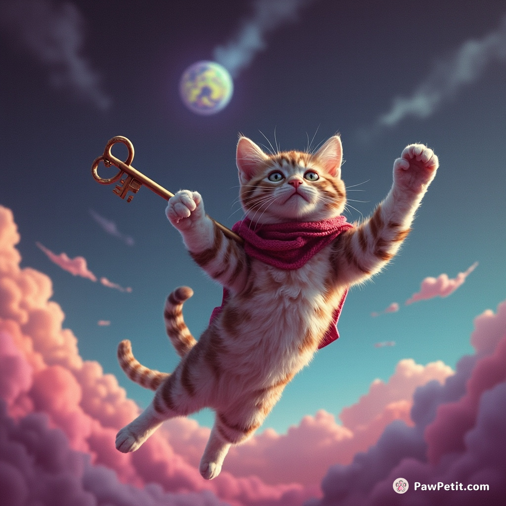The brave cat leaps gracefully through the air, catching the enchanted key mid-flight.