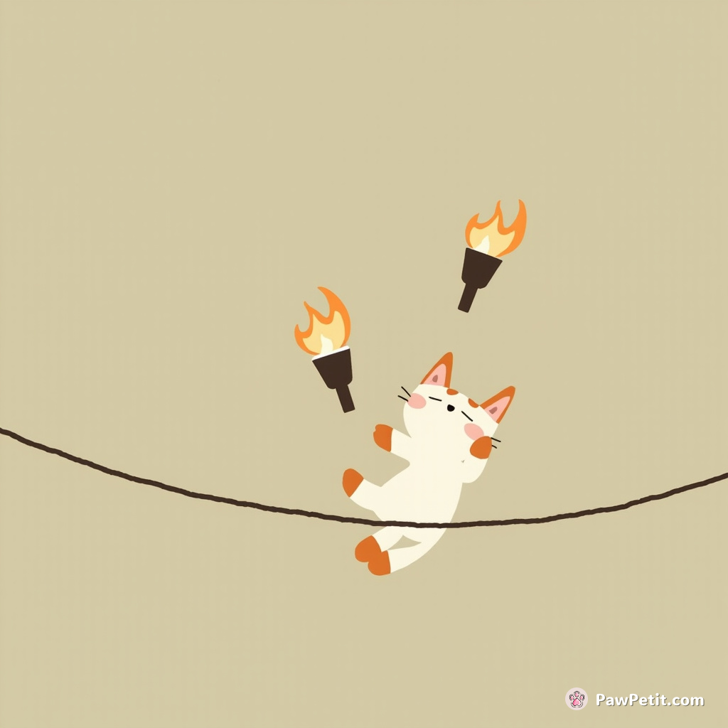 In a world of acrobatics, a cat attempts to juggle flaming torches while balancing on a tightrope.