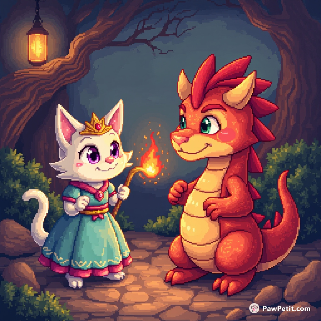 Princess Pawprints, an eloquent feline, tamed the fire-breathing dragonwith a glaring stare and hypnotising tail whip.