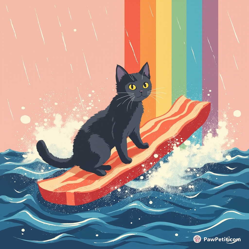 Cat surfing on a bacon strip in a sea of blueberry jam under rainbow-colored rain.