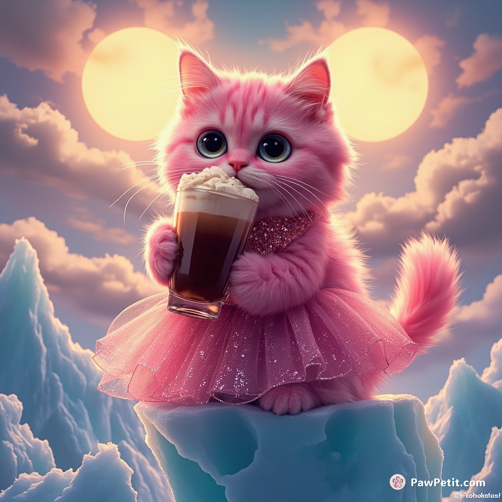 A fuchsia cat sloppily sipping a gigantic mocha in a glistening cocktail dress, teetering atop an ever-melting glacier under twin suns.