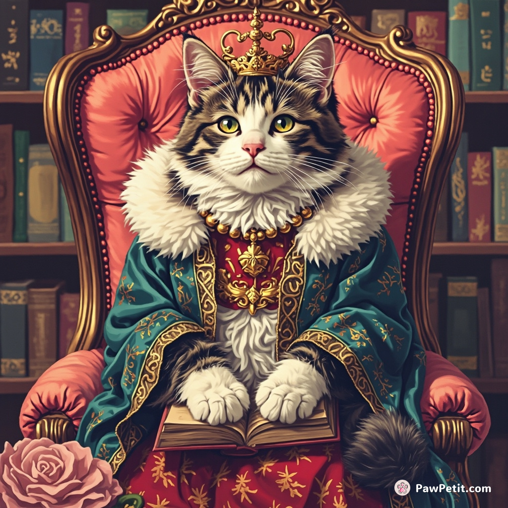 Prominent feline ruler, silky whispers translating to stern human laws, decreeing mandatory daily napping hours for enhanced wellness.