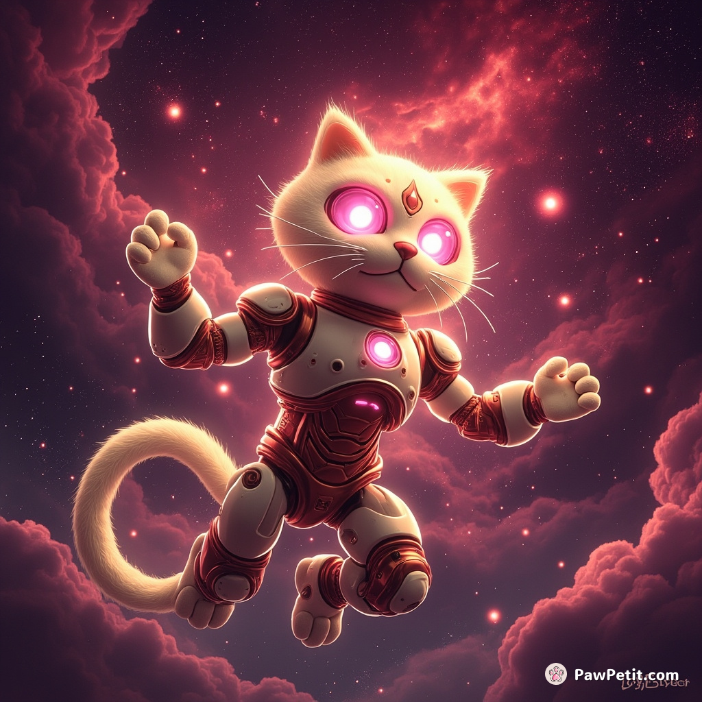 A gleaming robotic cat achieving nirvana while floating in a cosmic pomegranate nebula.