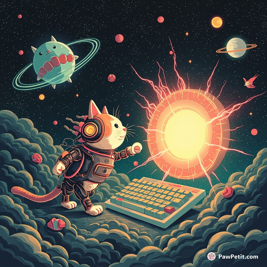 A cybernetic cat closing multi-dimensional portal using celestial tuna fish computer keyboard in outer space battle.