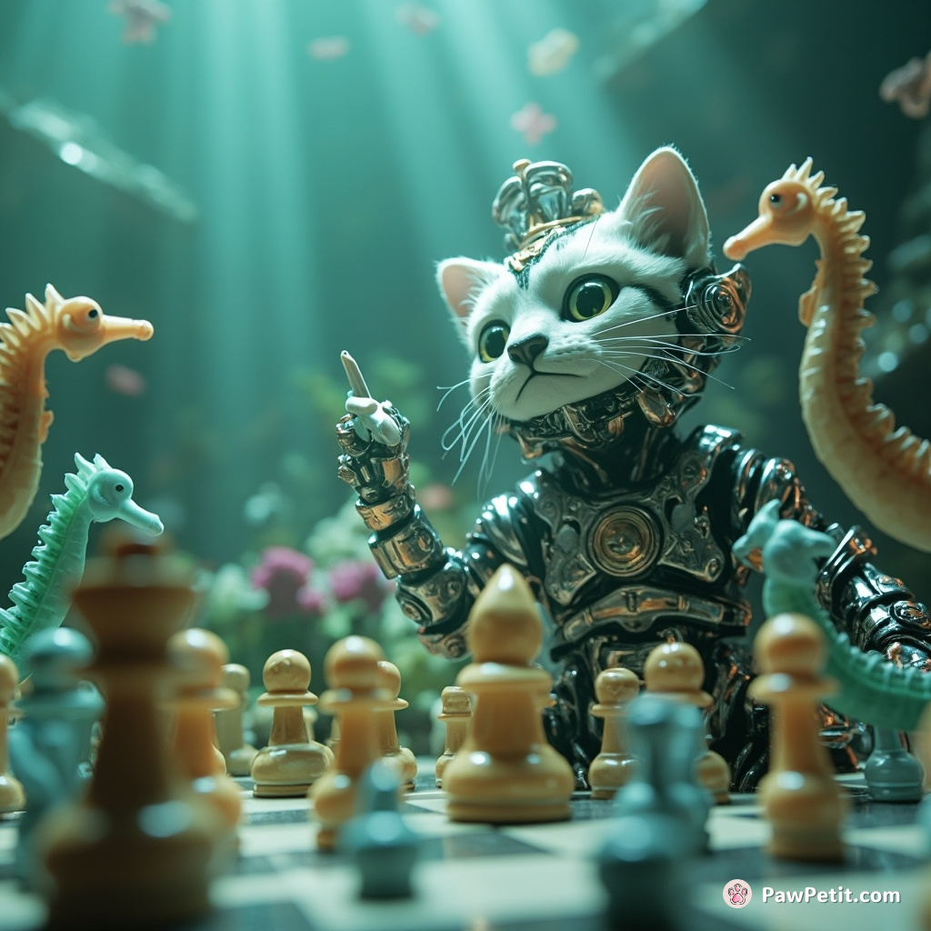 Cybernetic Cat King playing 4-dimensional chess with alien seahorses underwater.