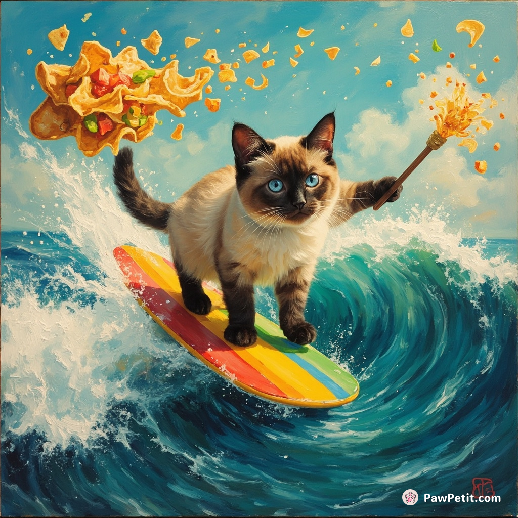 A siamese cat surfing on a rainbow wave, holding a magic wand that zaps nachos into garlic bread.