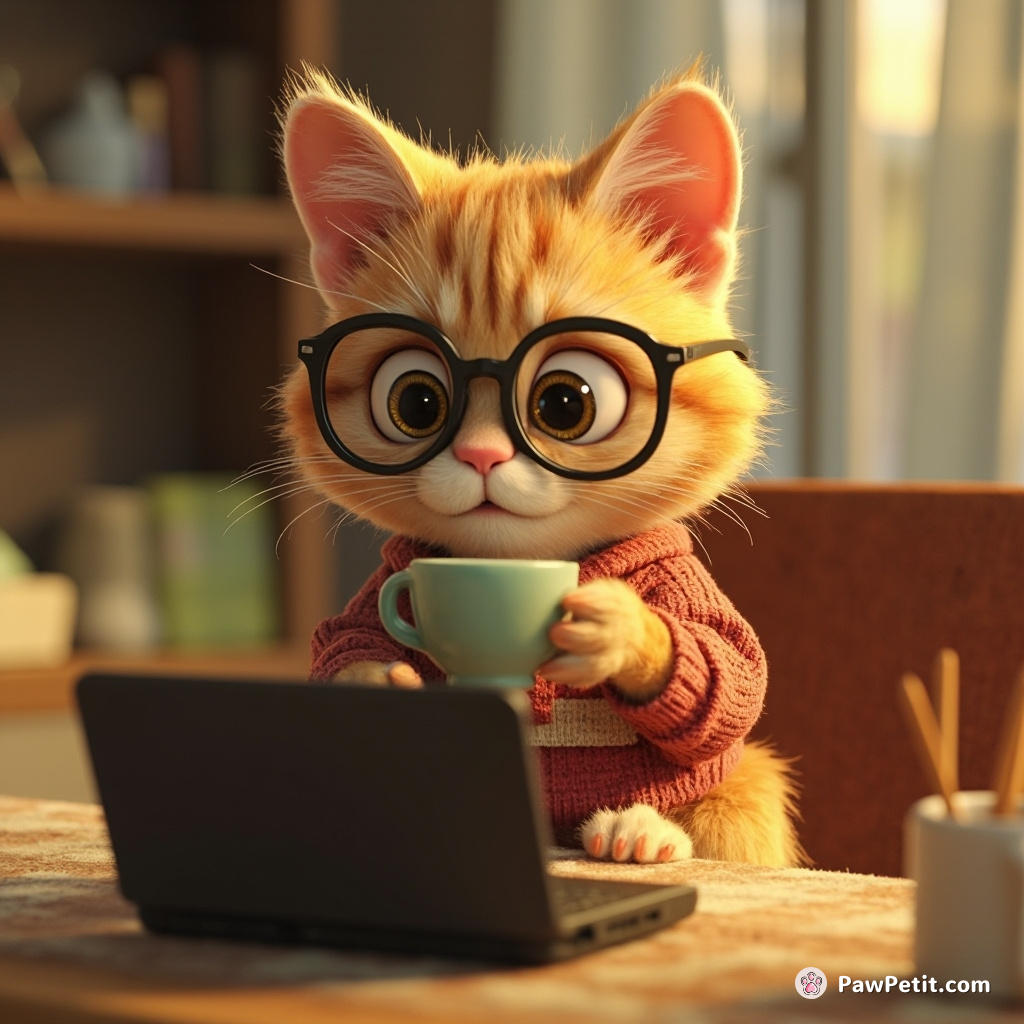 Whiskers dons glasses, sips tea, types on laptop, accidentally orders 100 catnip toys online, blames it on "human pawse.