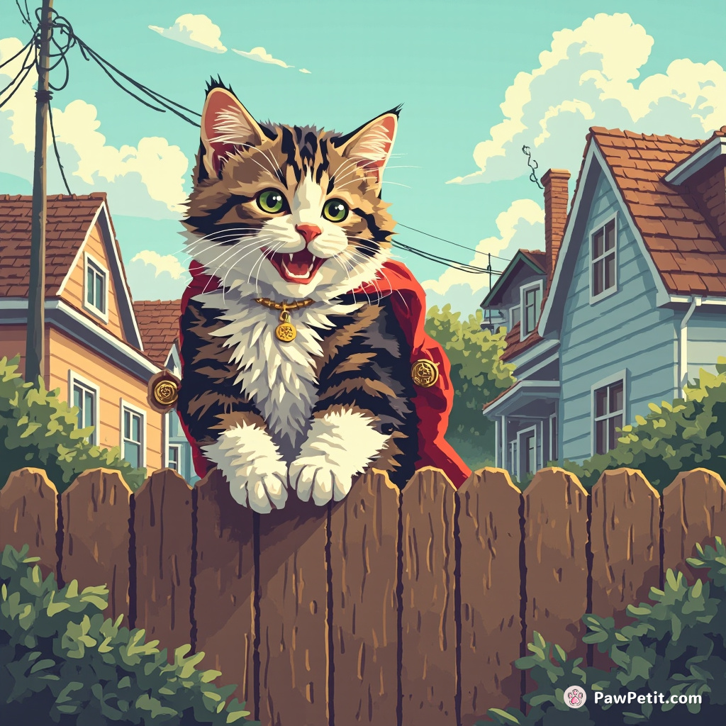 The cat leaps onto a fence, wobbling comically, pretending to survey the neighborhood like a regal human.