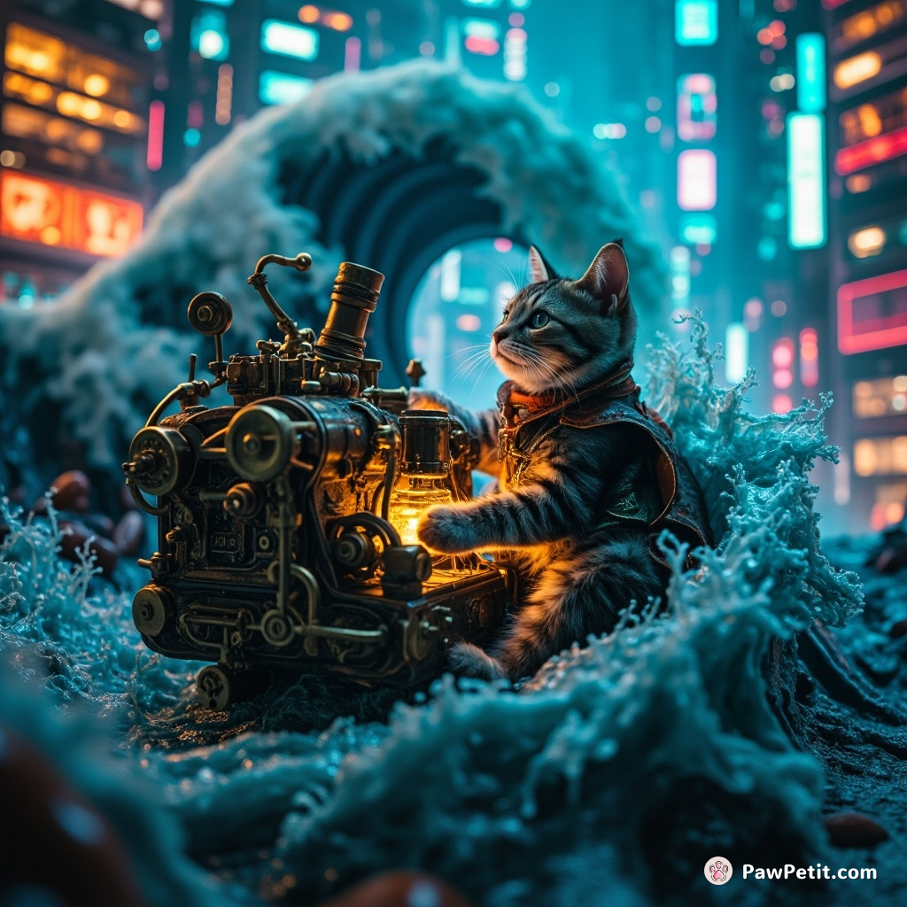 Steampunk cat operating a whimsical espresso machine tidal wave in fluorescent undersea cityscape.
