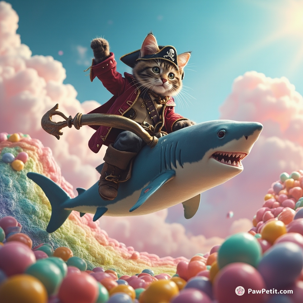 A pirate cat riding a rainbow shark over a jellybean mountain under cotton candy clouds.
