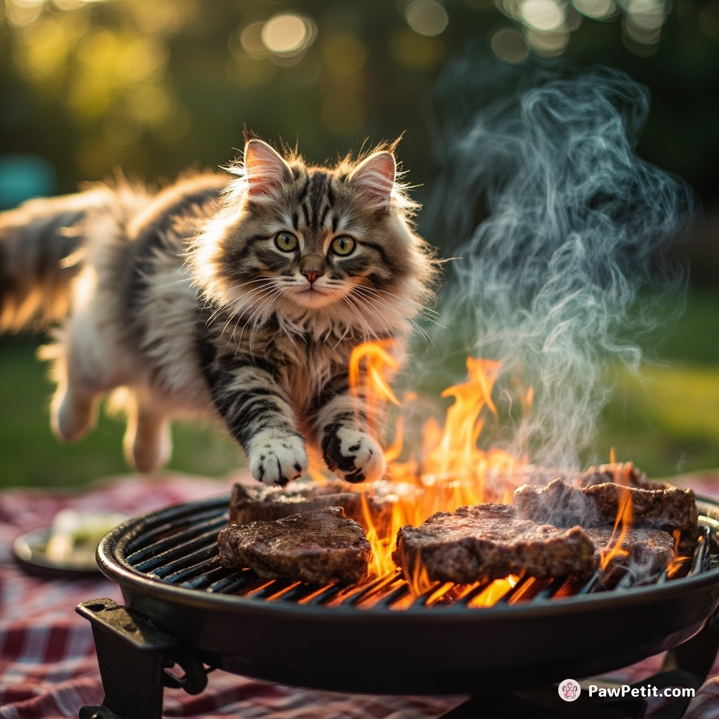 The cat leapt onto the grill, clawing at steak sizzles — stirring rambunctious, carnivalesque chaos amid our tranquil summer picnic.