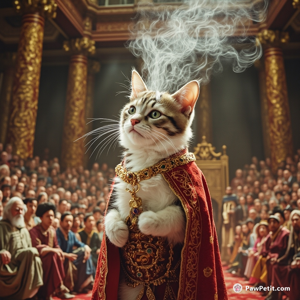 Cat sneezes during a royal ceremony, mistaken for a powerful spell, crowned as the kingdom's human champion.