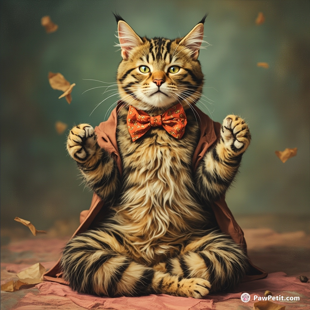 A tabby dons a bowtie, attempts yoga, and naps instead, whiskers twitching in yoga pose.