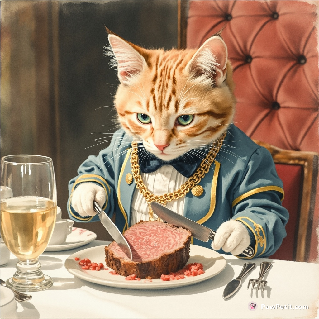 Cat conducts state dinner with utmost solemnity, precisely slicing roast beef with mini silver knife and fork.