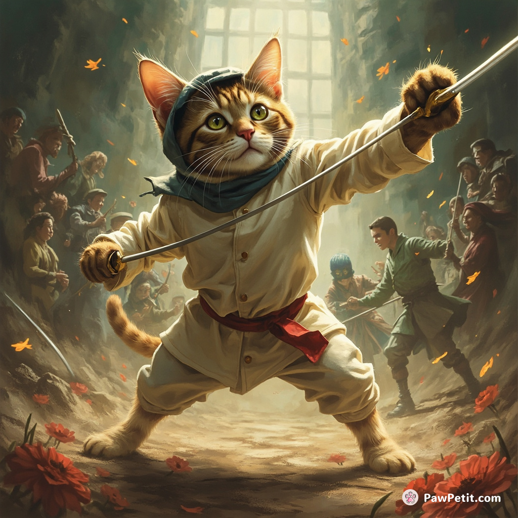 Cat, mistaken for a fencing prodigy, celebrated for its swift paw swipes mimicking parries and lunges in a grand duel.