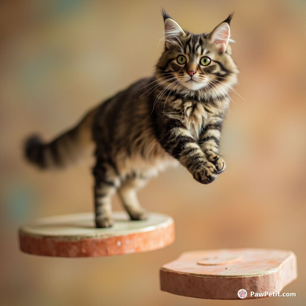 The cat majestically leaps across floating platforms, landing smoothly despite the laws of physics being whimsically altered.