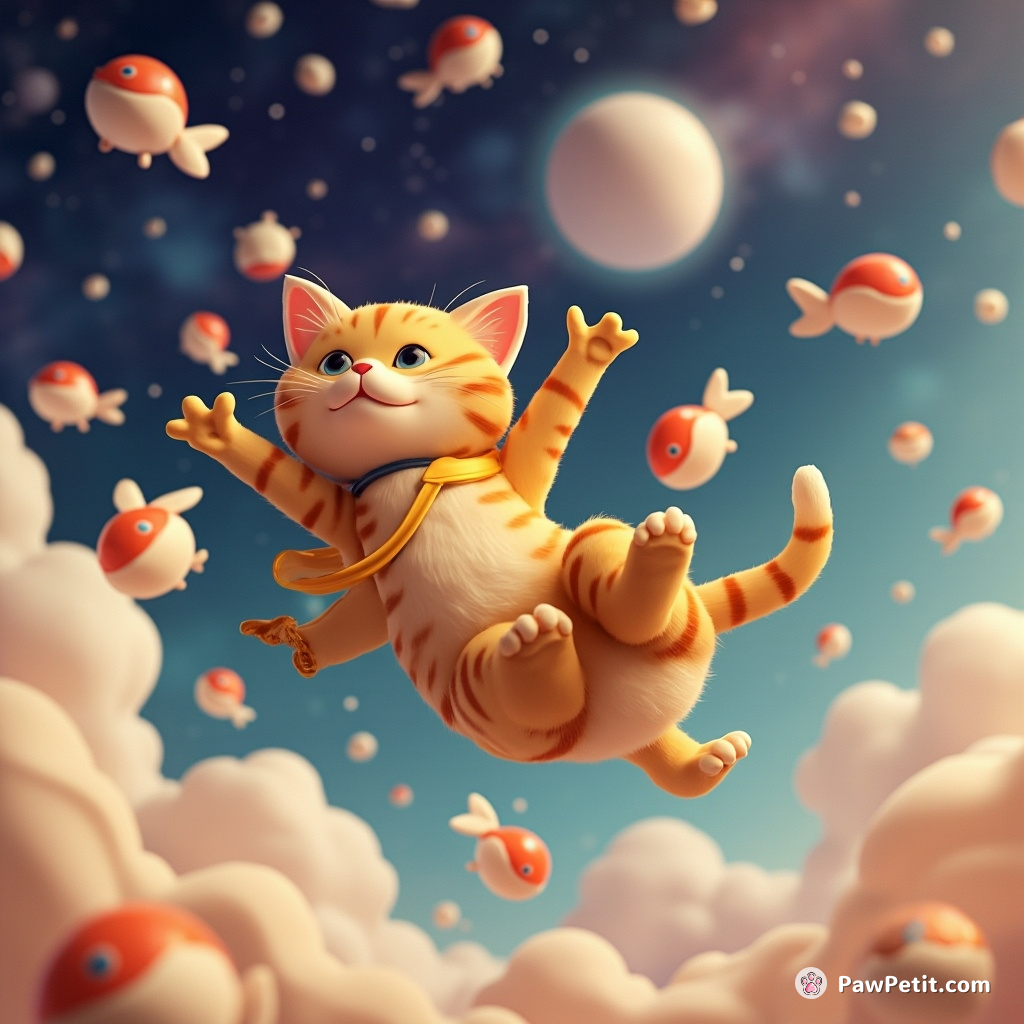A golden cat doing back flips in zero gravity, among a ballet of floating fish-shaped moons, with a nebula full of milk in the distance.