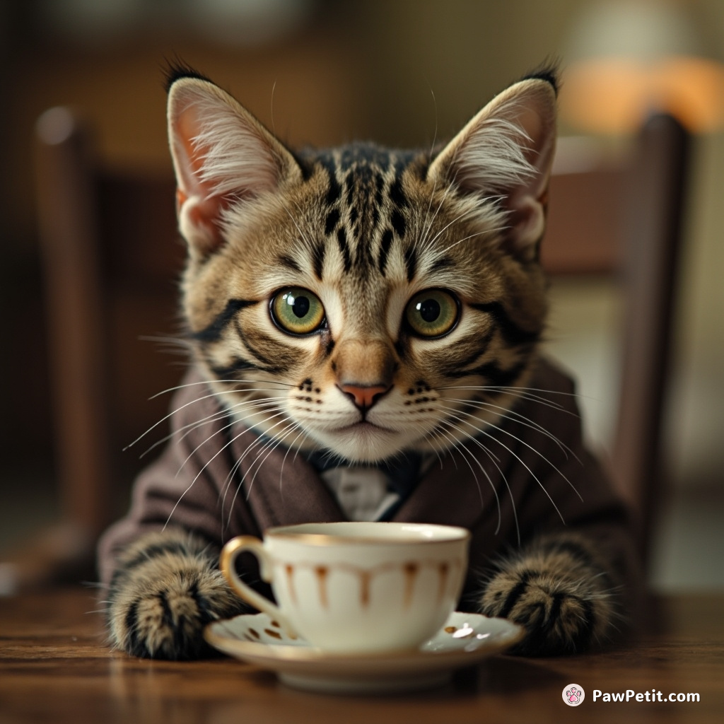 A determined cat sipping politely from a cup of tea, donned in a tiny suit.