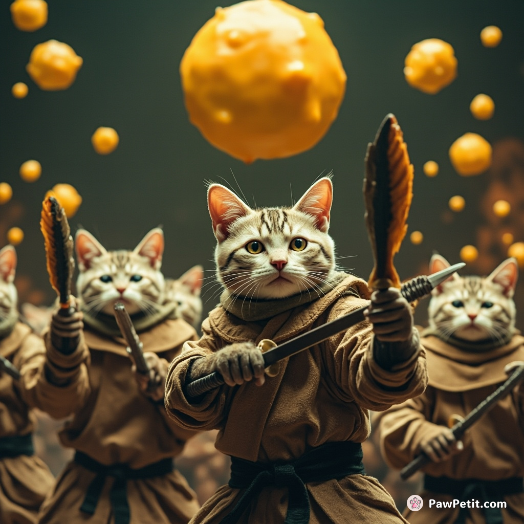A squad of ninja cats holding swords made of fish, conducting solemnly hilarious rituals under floating meteorite cheese.