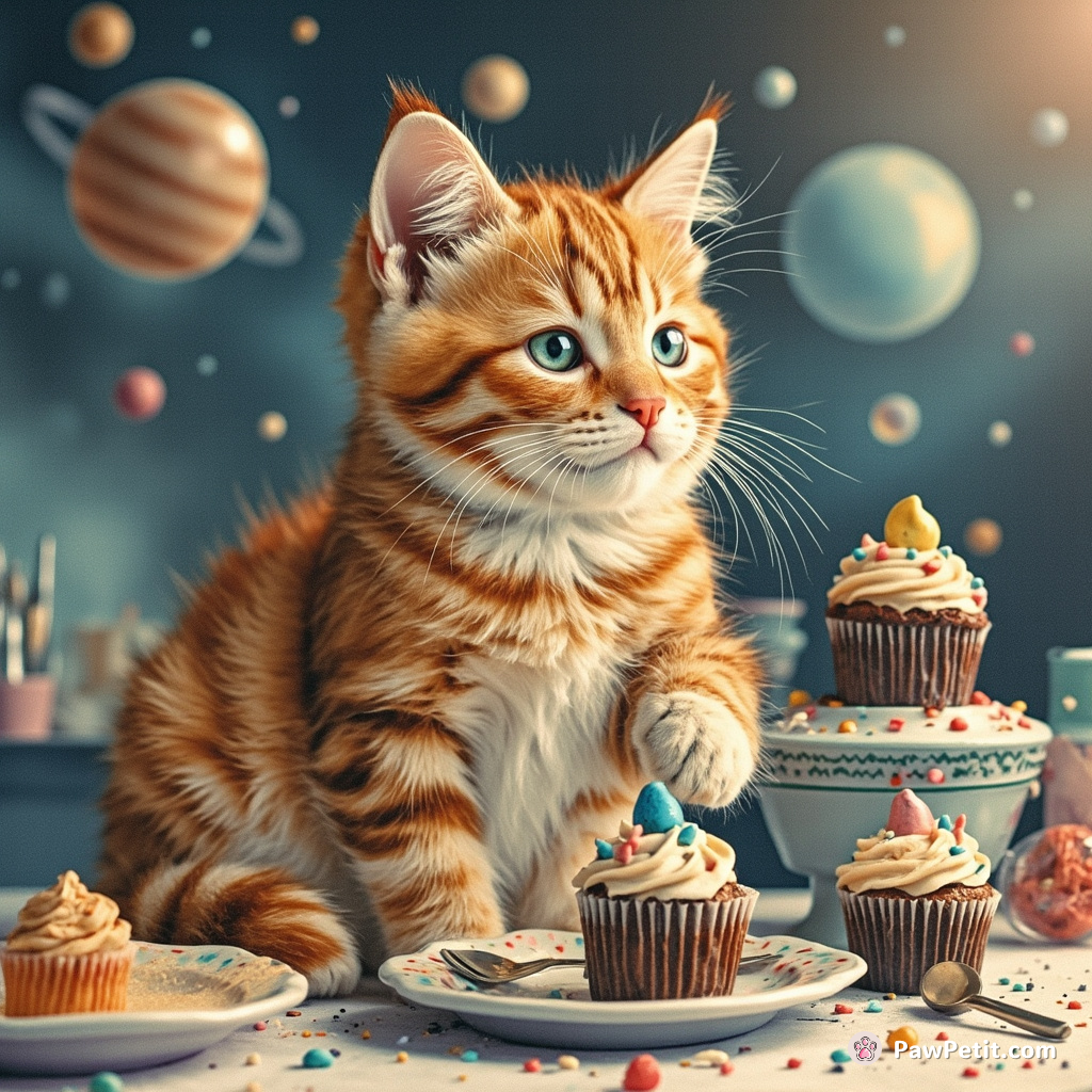 A ginger tabby cat baking tiny galaxy cupcakes in a retro-futuristic kitchen on a floating asteroid.