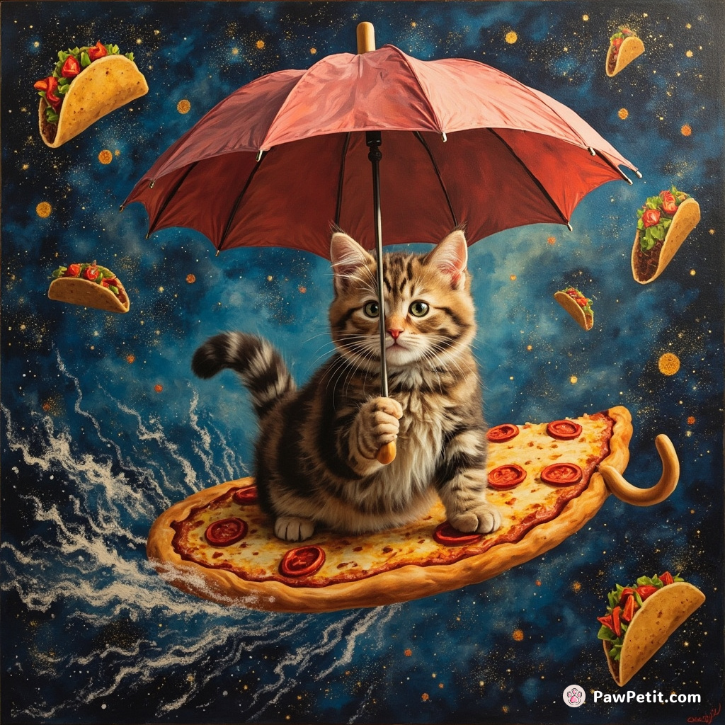 Cat holding an umbrella, surfing on a slice of pizza through a galaxy full of sparkling tacos.