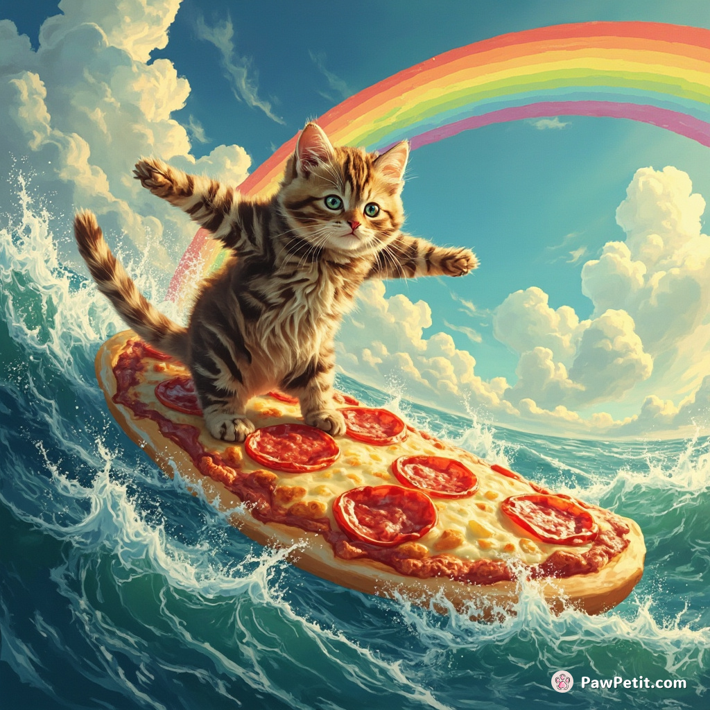Cat surfing on a giant slice of pepperoni pizza in a rainbow-hued ocean.