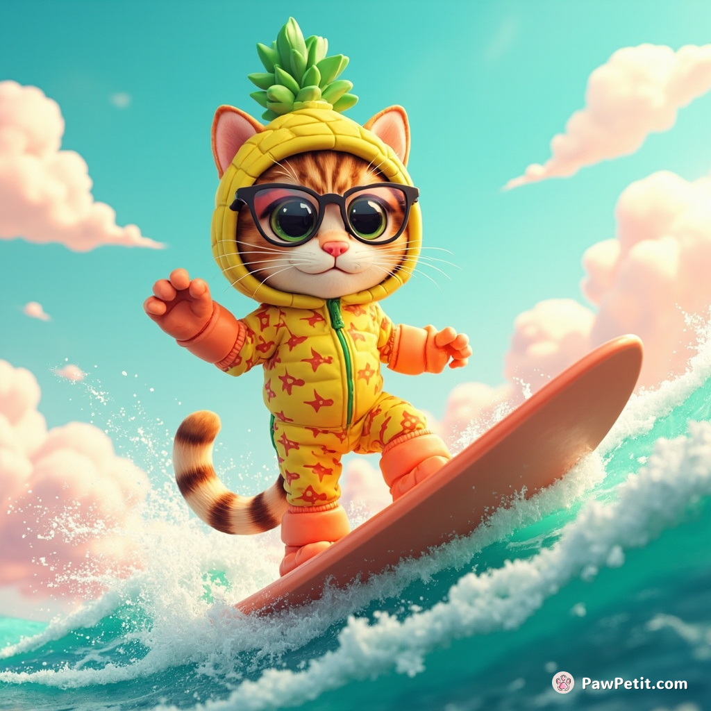 Surfing tabby cat in a neon pineapple-patterned wetsuit, catching a gravy wave on a fried chicken surfboard under a cotton candy sky.