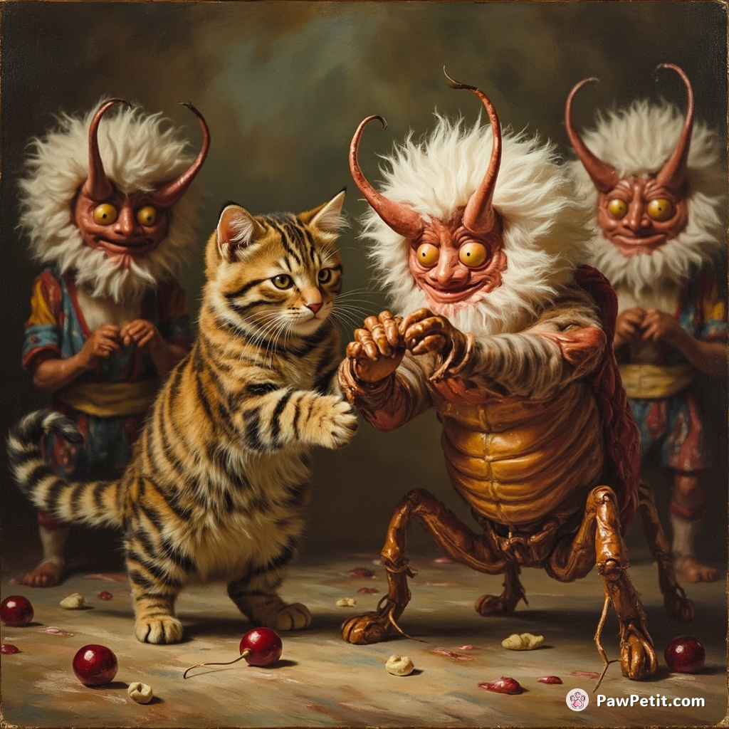 A tiger-striped housecat sumo wrestling a fiercely fluffy, cherry-cordial-flicked mantis beneath the stern gaze of soft marshmallow goblins.
