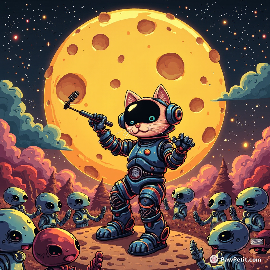 Cyborg cat performing an opera on a giant cheese moon, native aliens clapping rhythmically.