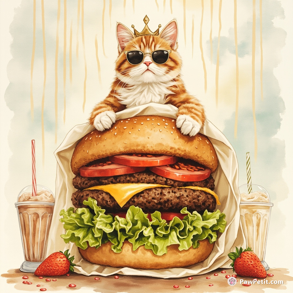 A feline queen ruling over her burger kingdom from a lofty lettuce throne, thoroughly unimpressed by streams of milkshake rain.