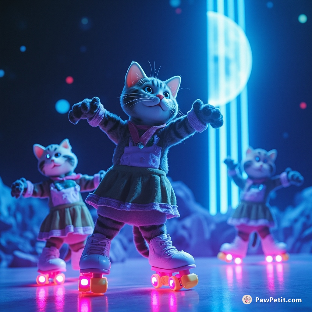 Giant neon, roller-skating cats cheerleading a beam of blue moonlight in crystal outer space.