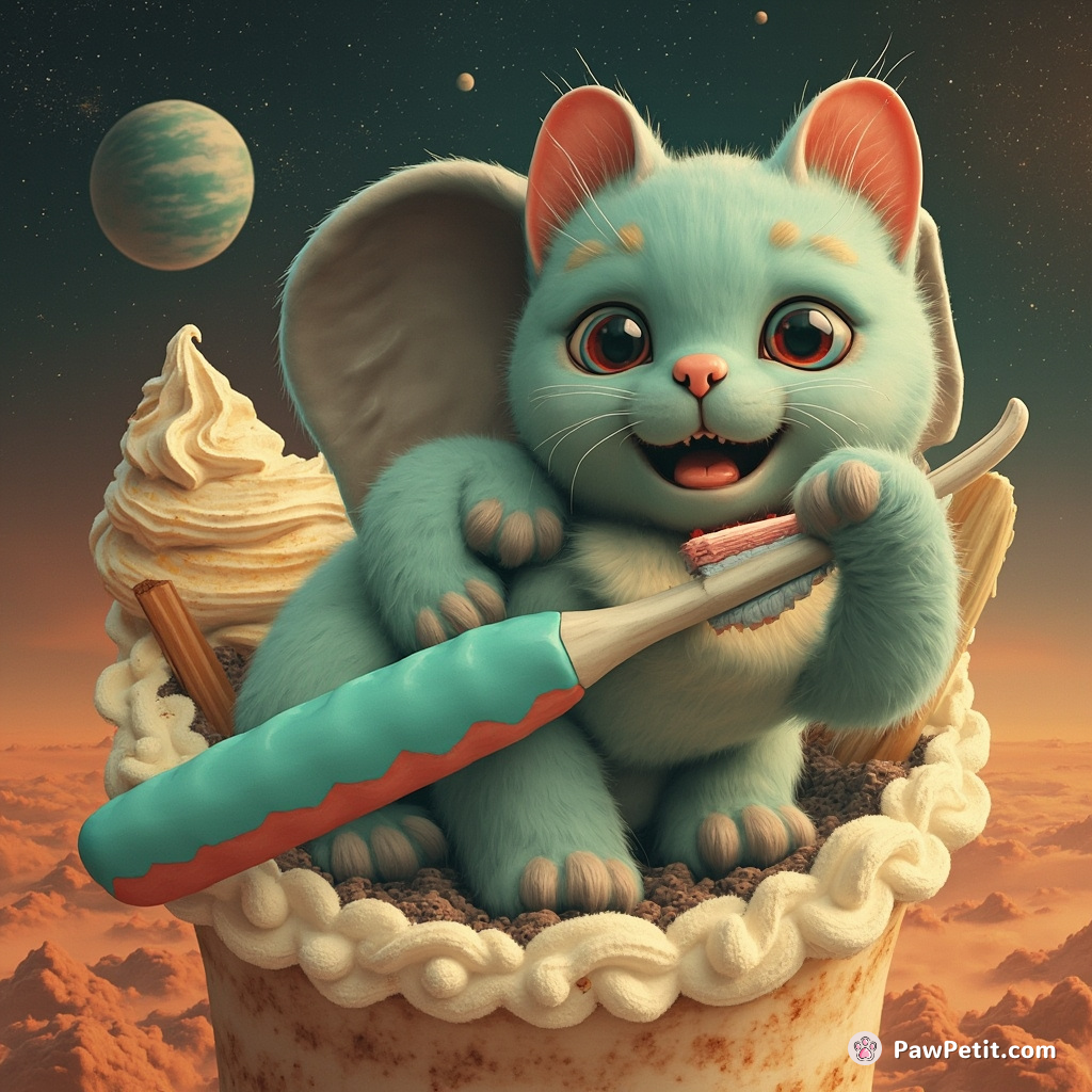 A turquoise cat, brushing elephant teeth with a colossal toothbrush, inside a giant sundae atop Mars.