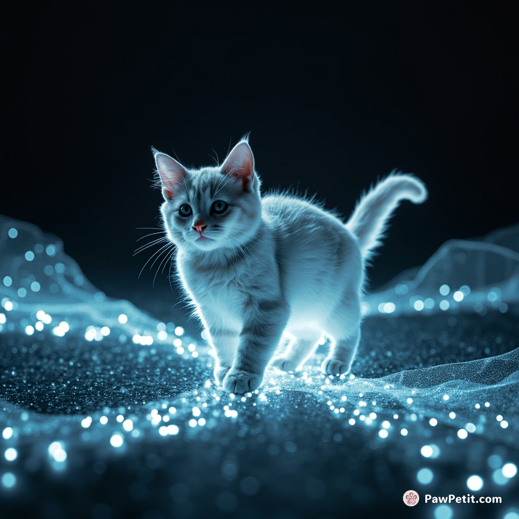 The virtual feline dances across glowing streams of data, leaving trails of shimmering pixels in its wake.