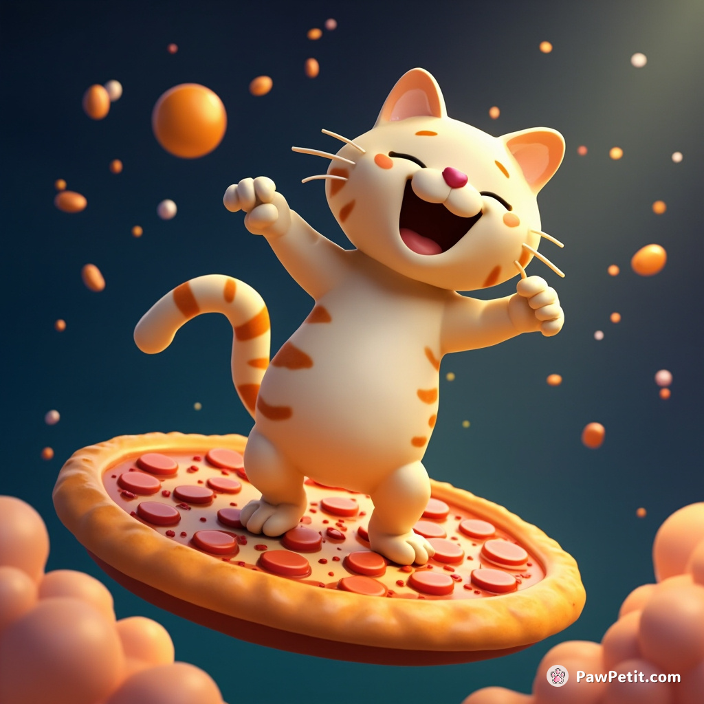 Cat tap-dancing on a pizza floating in space, laughing.