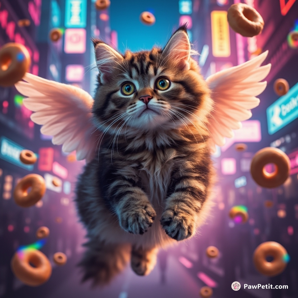 A winged cat flying around a neon cityscape, sprinkling donuts like fairy dust.