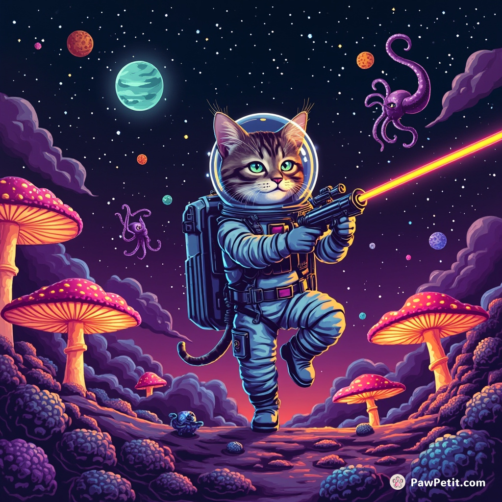 Cat in a space suit playing laser tag with octopus aliens under neon mushrooms on Pluto.