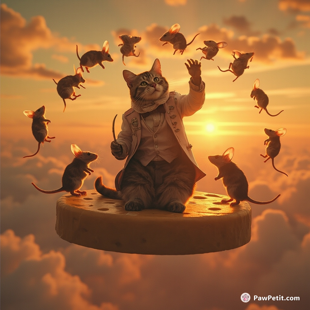 A cat conducting a symphony of invisible mice in Victorian-era attire atop a floating cheese wheel during sunset.