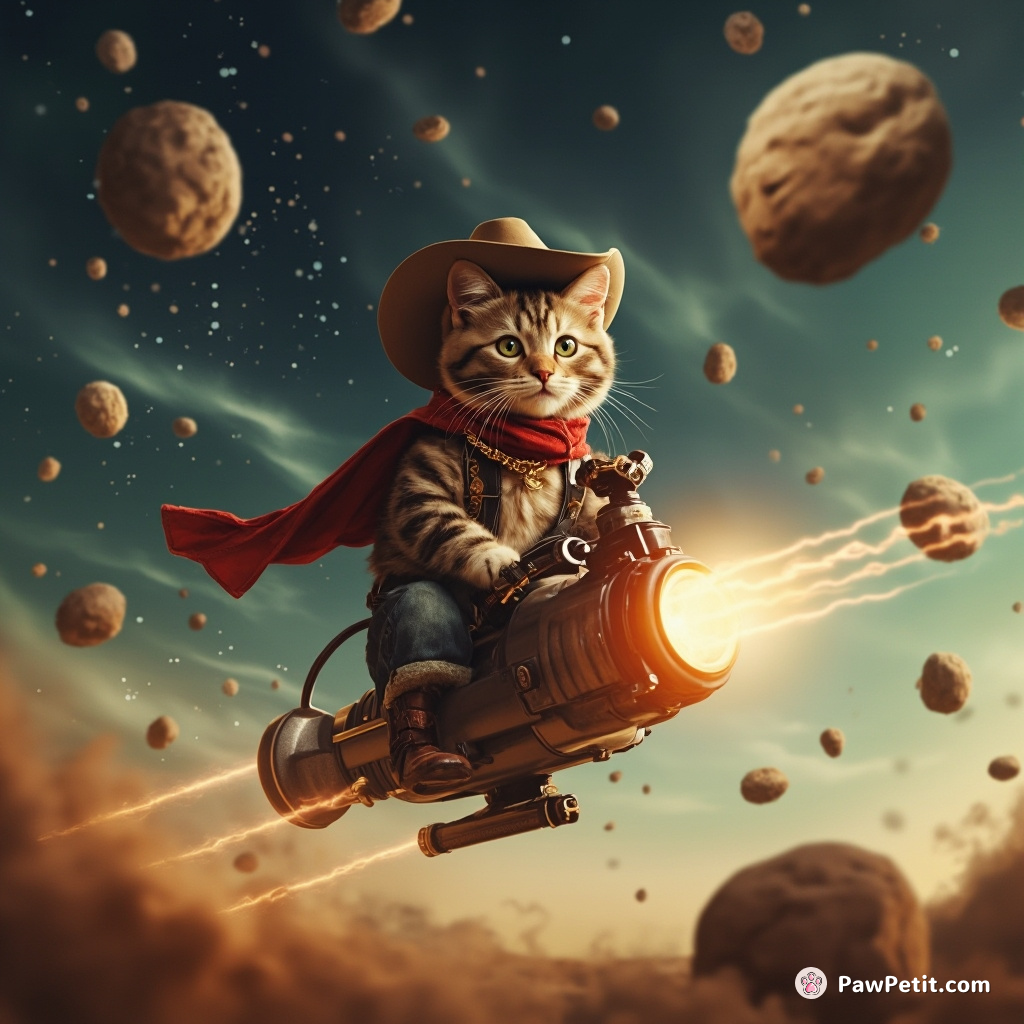 Incoming asteroids narrowly dodged by a cowboy cat astride a flying vacuum cleaner in the middle of cosmic rodeo.