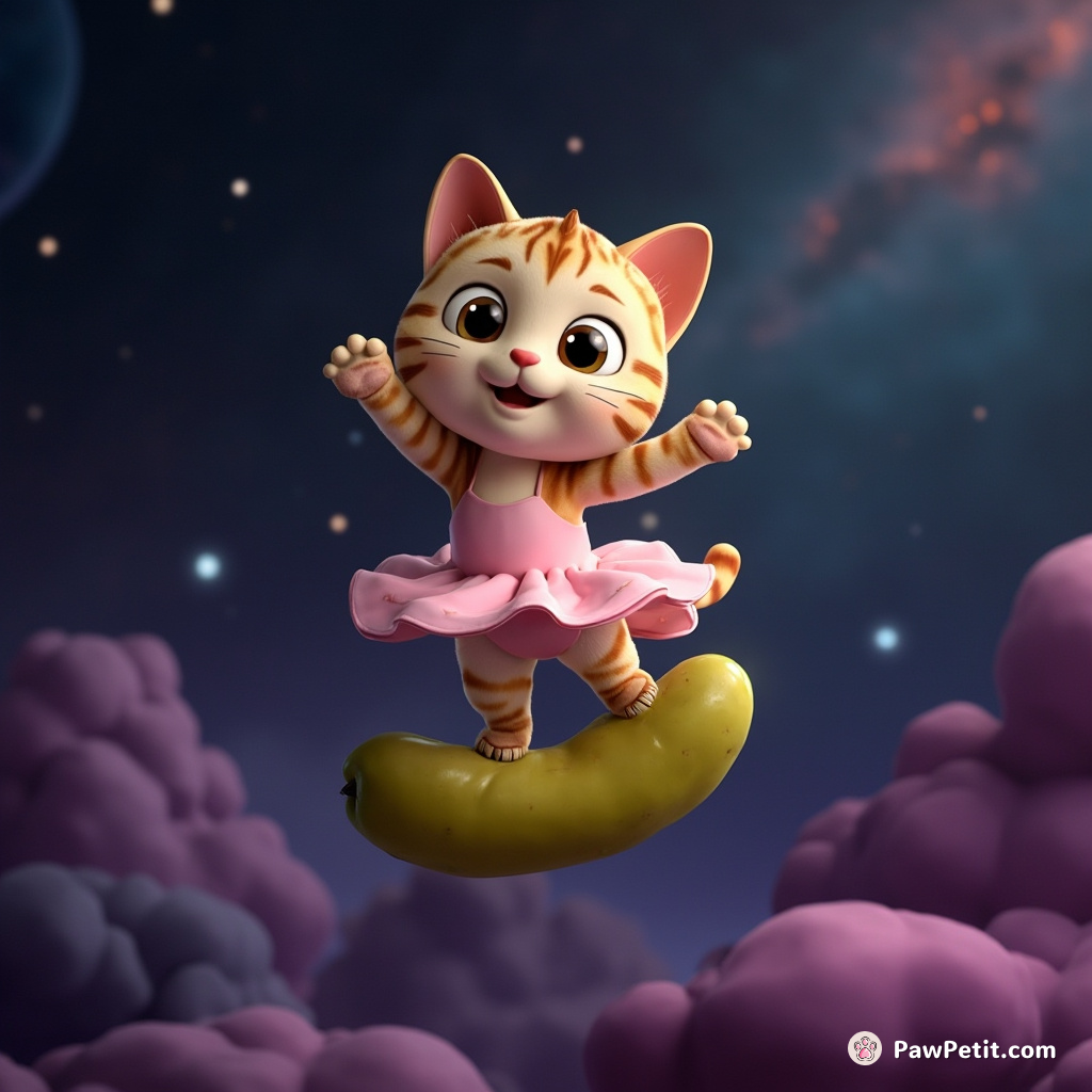 Cat doing ballet on a floating pickle in space.