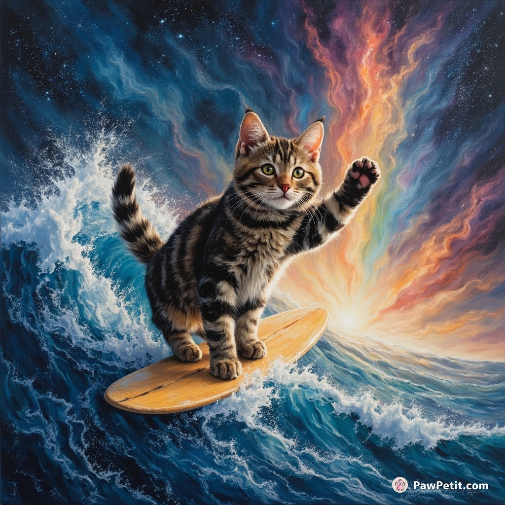 A tabby cat gracefully surfing on a starlight-wave in an intergalactic sea under a rainbow nebula, waving regally to a meteor shower audience.