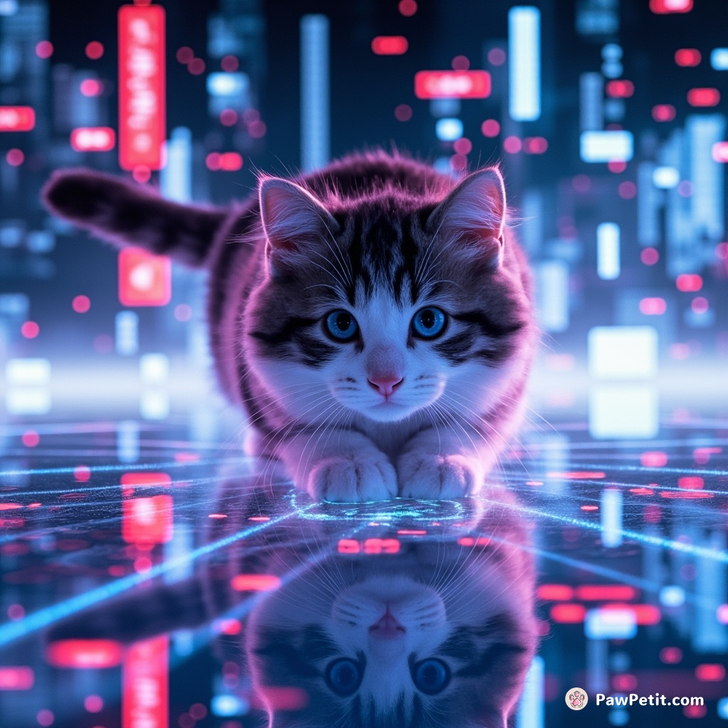 In the digital realm, the feline weaves through holographic landscapes, pouncing on shimmering data streams with ethereal grace.