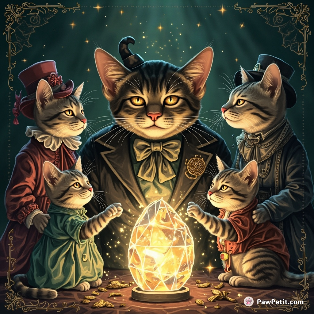 A group of cats in Victorian outfits conducting a seance around an oversized crystal mouse.