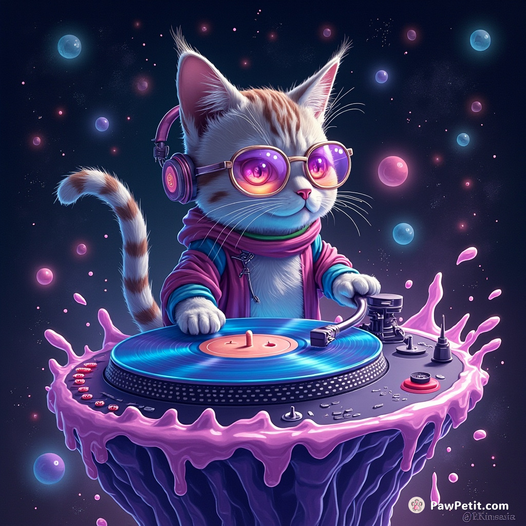 A humanoid cat DJ spinning cosmic vinyl records on a turntable made of liquid dreams.