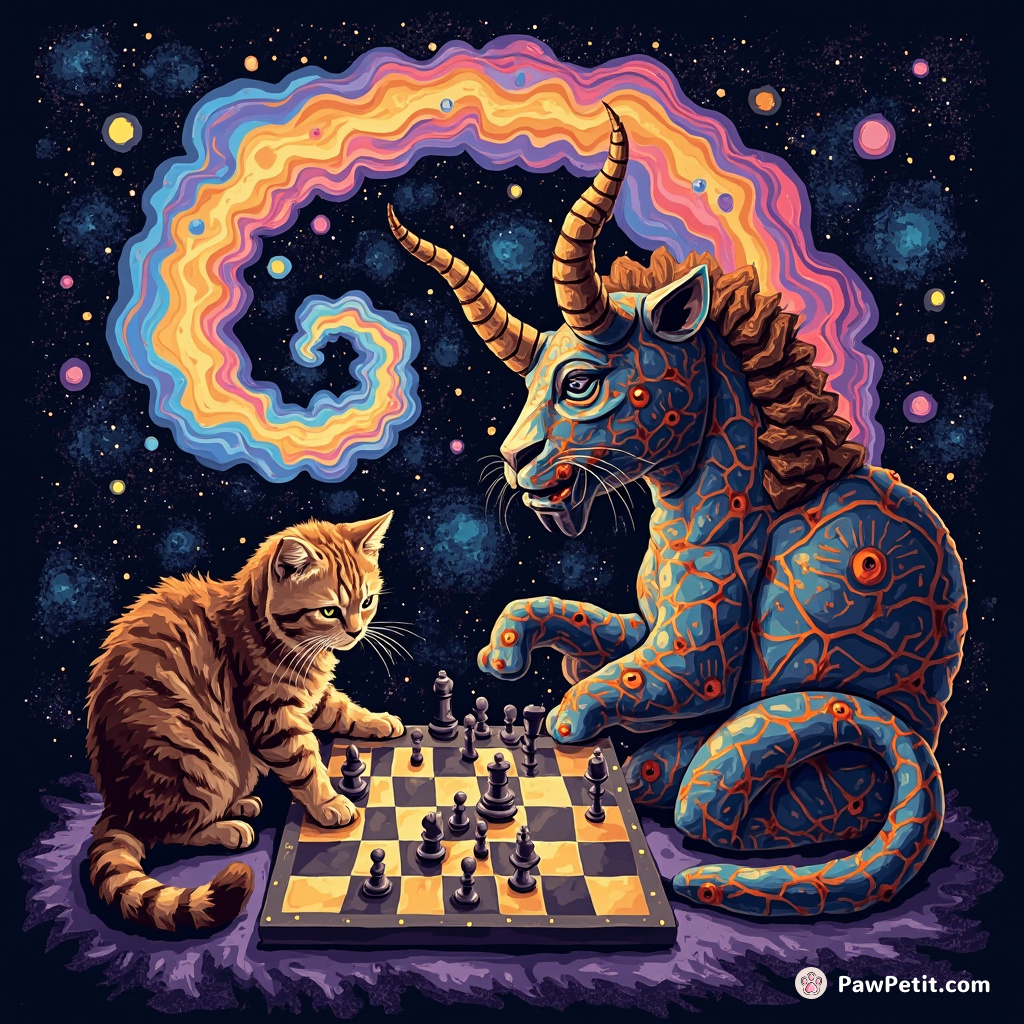 A cat playing chess with Picasso-style minotaur in a glowing, spiralling galaxy.
