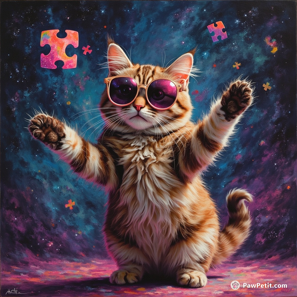 Disco-bowling cat balancing a jigsaw puzzle piece on nose in zero-gravity neon galaxy.