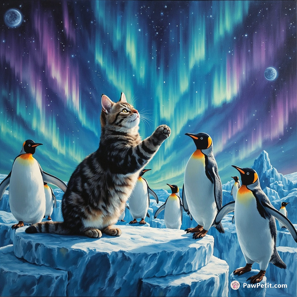 A tabby cat conducting an orchestra of multicolored penguin tap dancers on a glacial podium under the neon northern lights.
