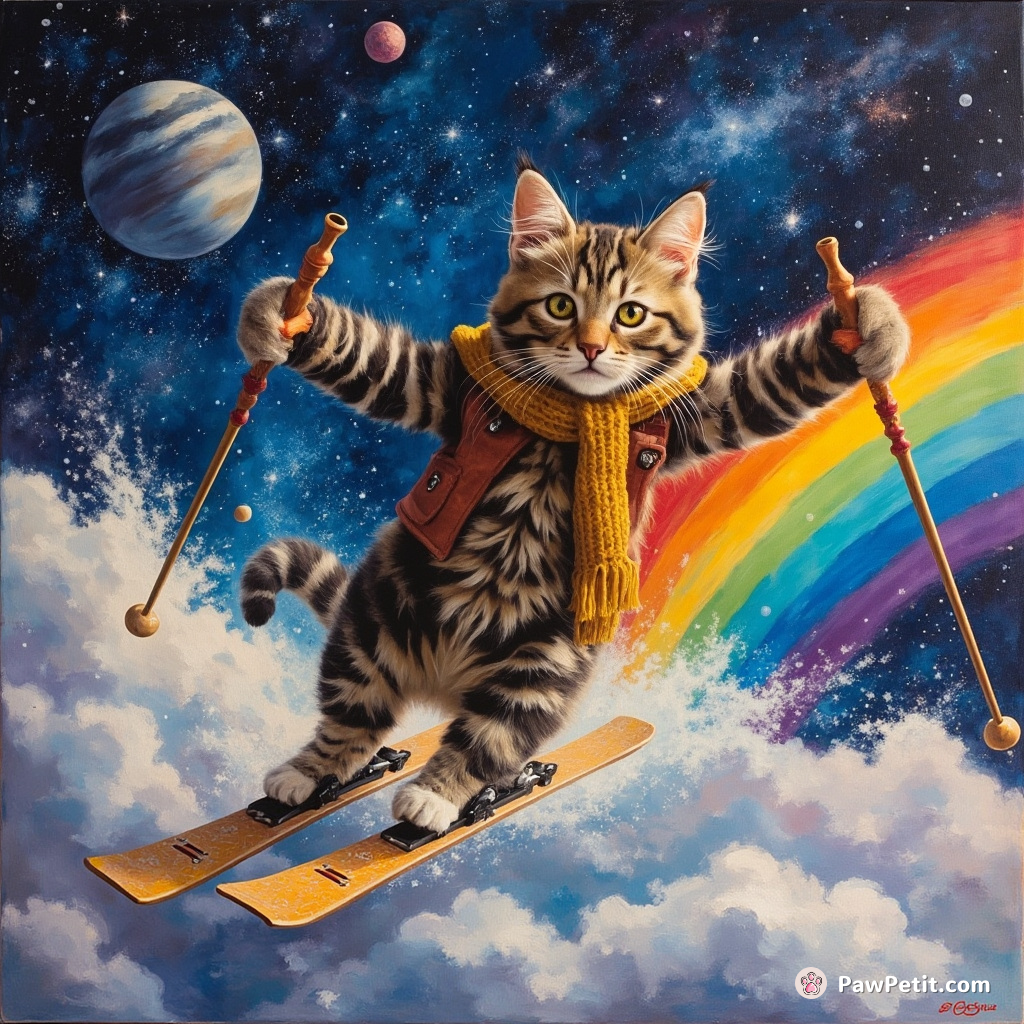 A tabby cat skiing down a rainbow in the galaxy with sushi rolls instead of ski poles.