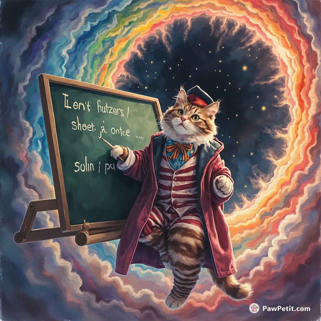 A cheshire cat conjugating verbs on a floating chalkboard in zero gravity, dressed in Victorian academic robes winked at the event horizon of a rainbow-hued black hole.