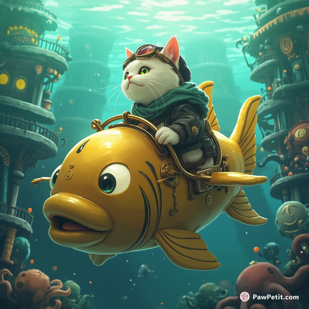 Steampunk cat piloting a golden fish-shaped submarine through an underwater city populated by octopus citizens.