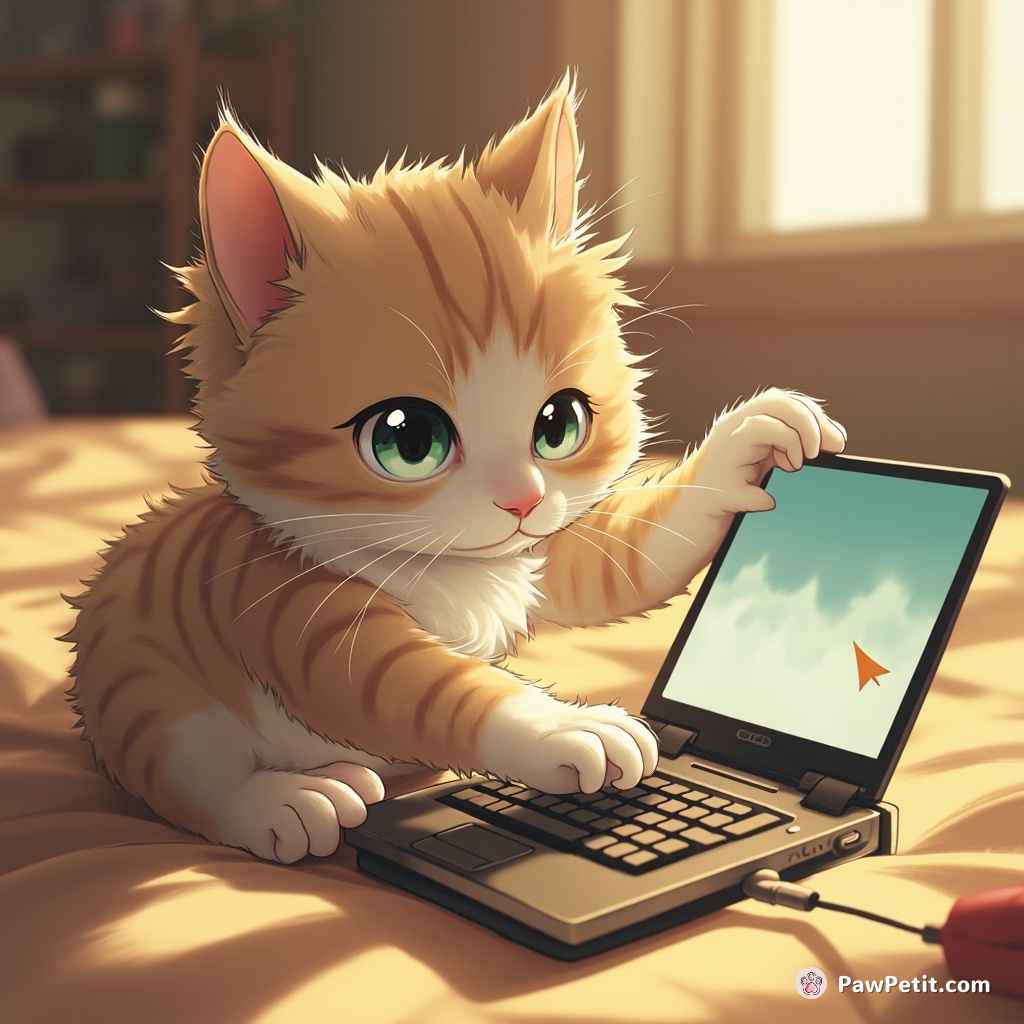 Cat insists on using a tiny laptop, typing with paws, chasing cursor across screen with intense focus.